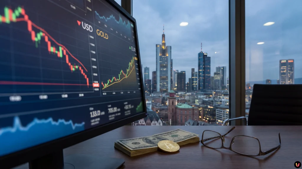 Fallender Aktienkurs-Chart überlagert mit US-Dollar-Noten