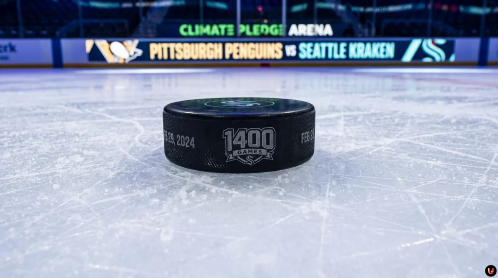 Sidney Crosby sur la glace avec le maillot des Penguins pour son 1400e match