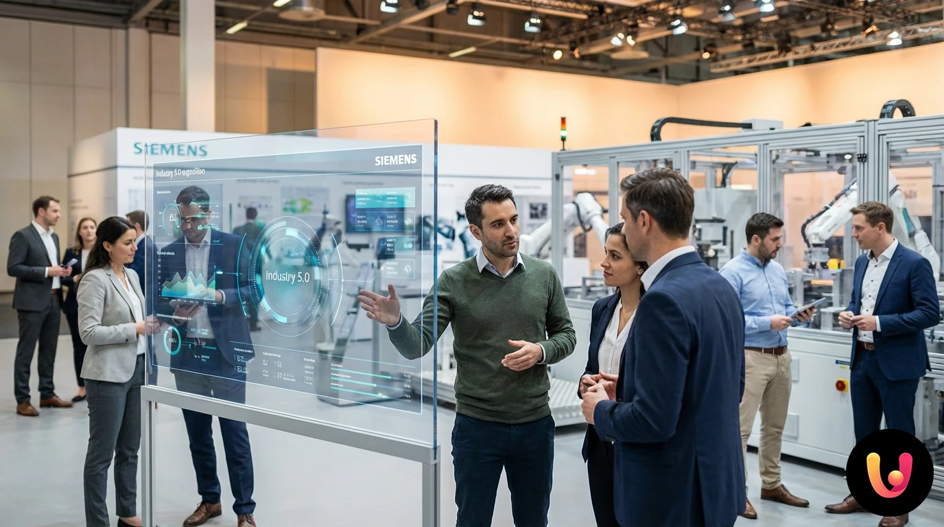 Siemens Industria 5.0 e AI Generativa al CES 2026 Grafica del metaverso industriale Siemens con collaborazione uomo-macchina e AI