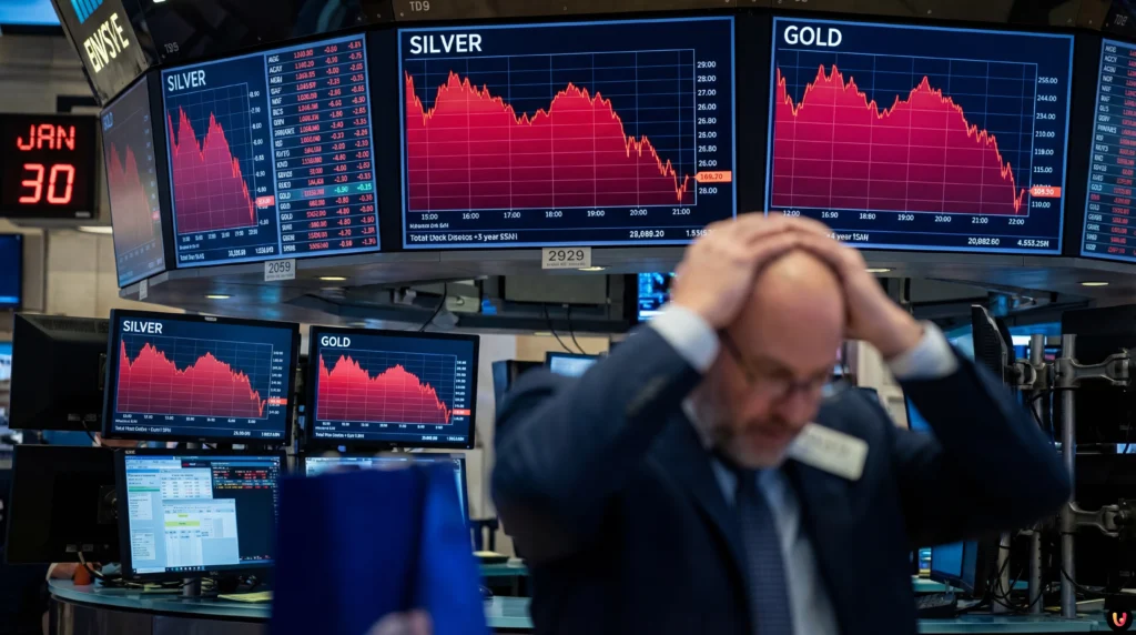 Financial chart showing a steep red drop in silver prices representing a 17% market crash