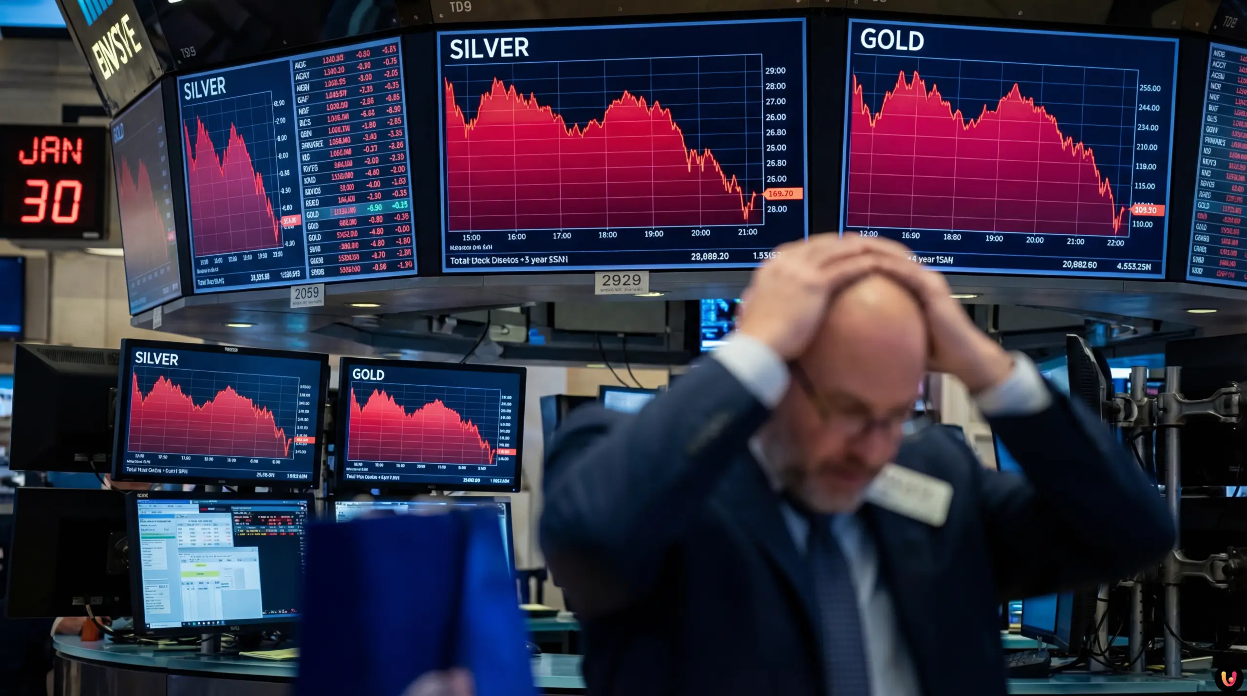 Financial chart showing a steep red drop in silver prices representing a 17% market crash