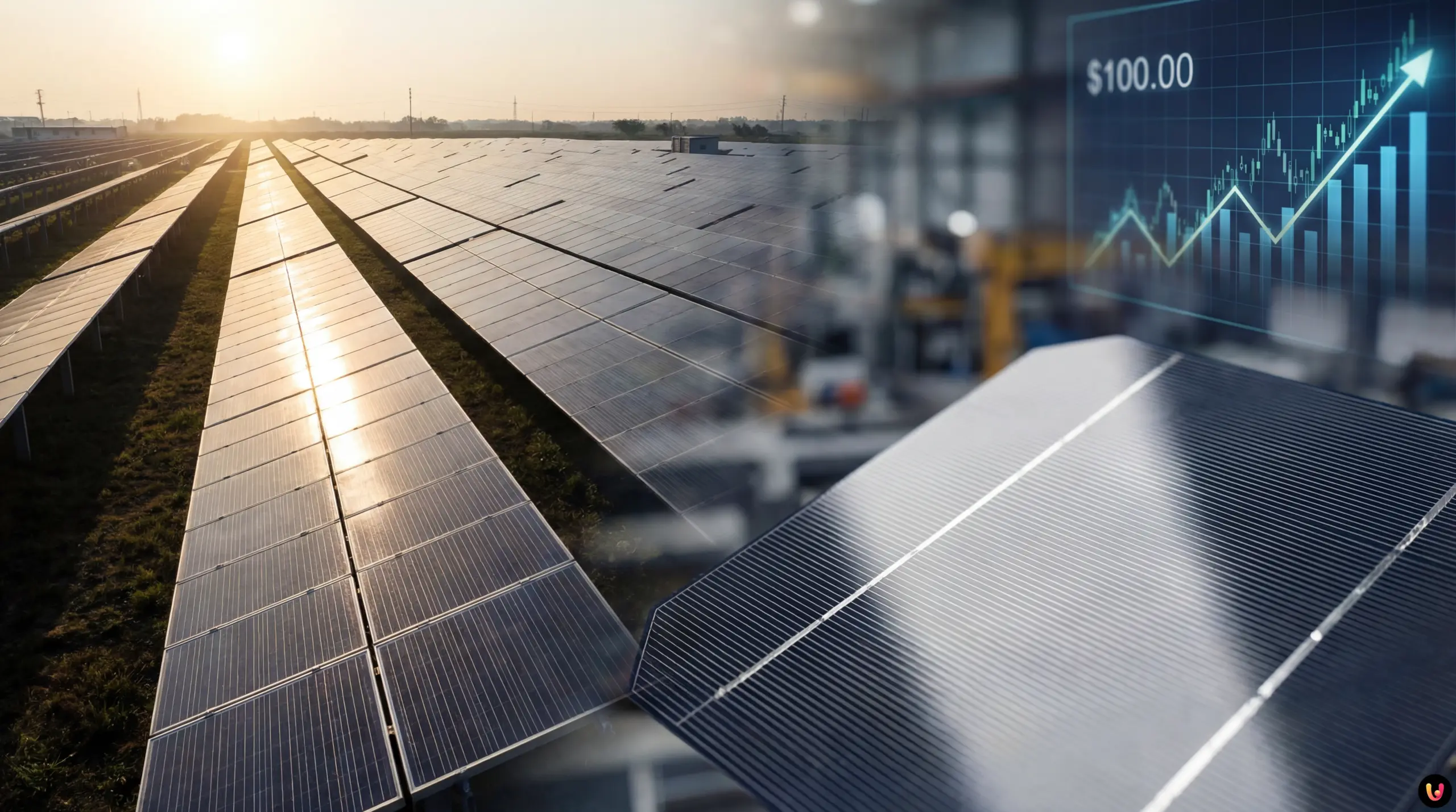 Silver bullion bars stacked on blue solar panel cells representing rising industrial costs