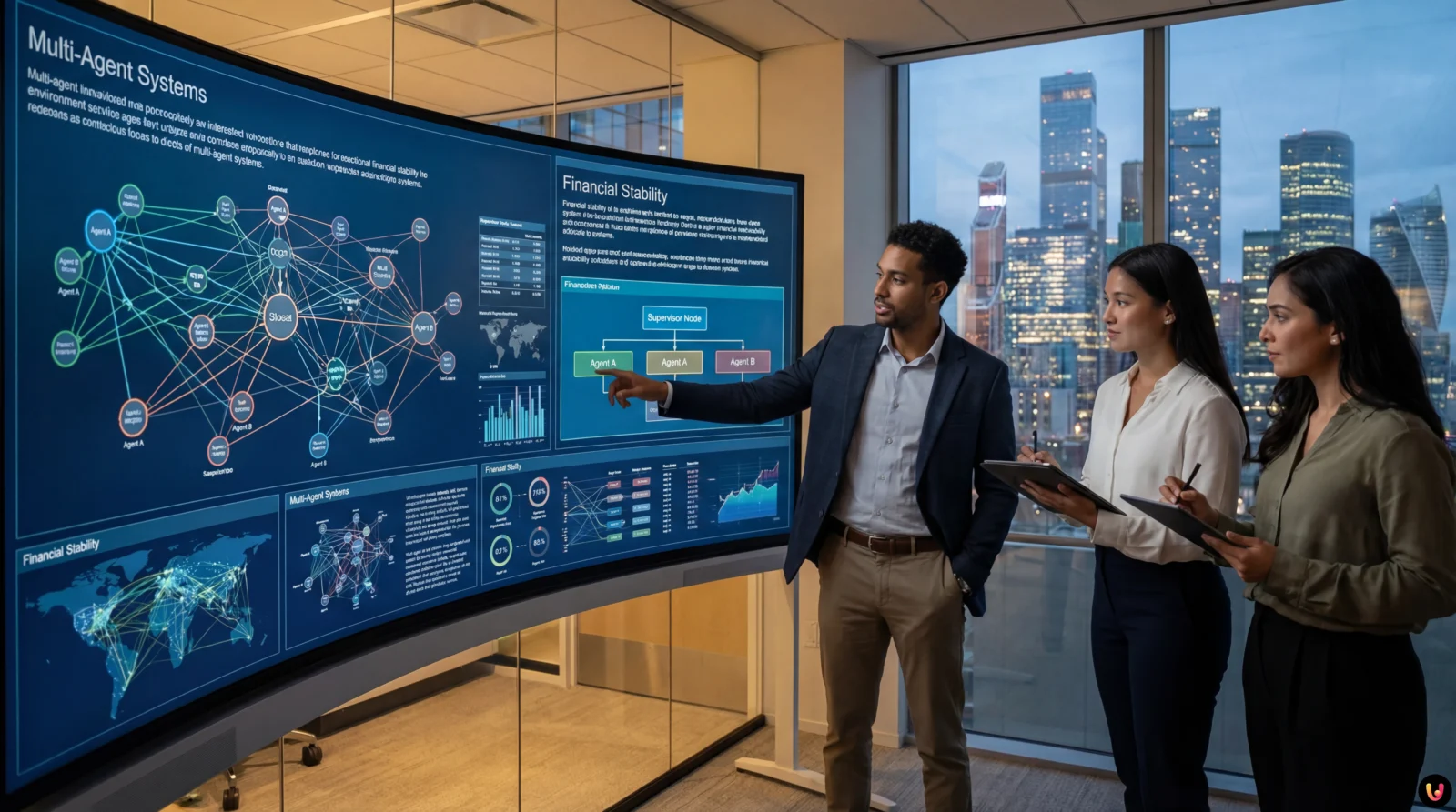 Red de agentes de IA financieros interconectados con nodos de control para la estabilidad operativa