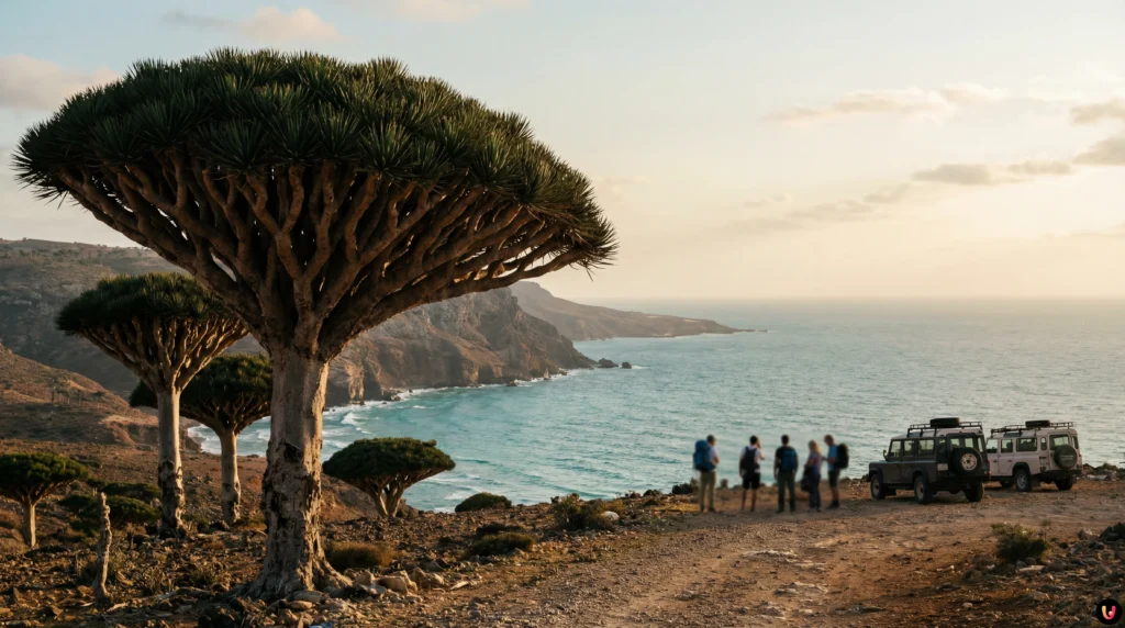 Socotra, italiani bloccati in Yemen: Farnesina al lavoro per il rientro Paesaggio naturale dell'isola di Socotra in Yemen con i caratteristici alberi sangue di drago