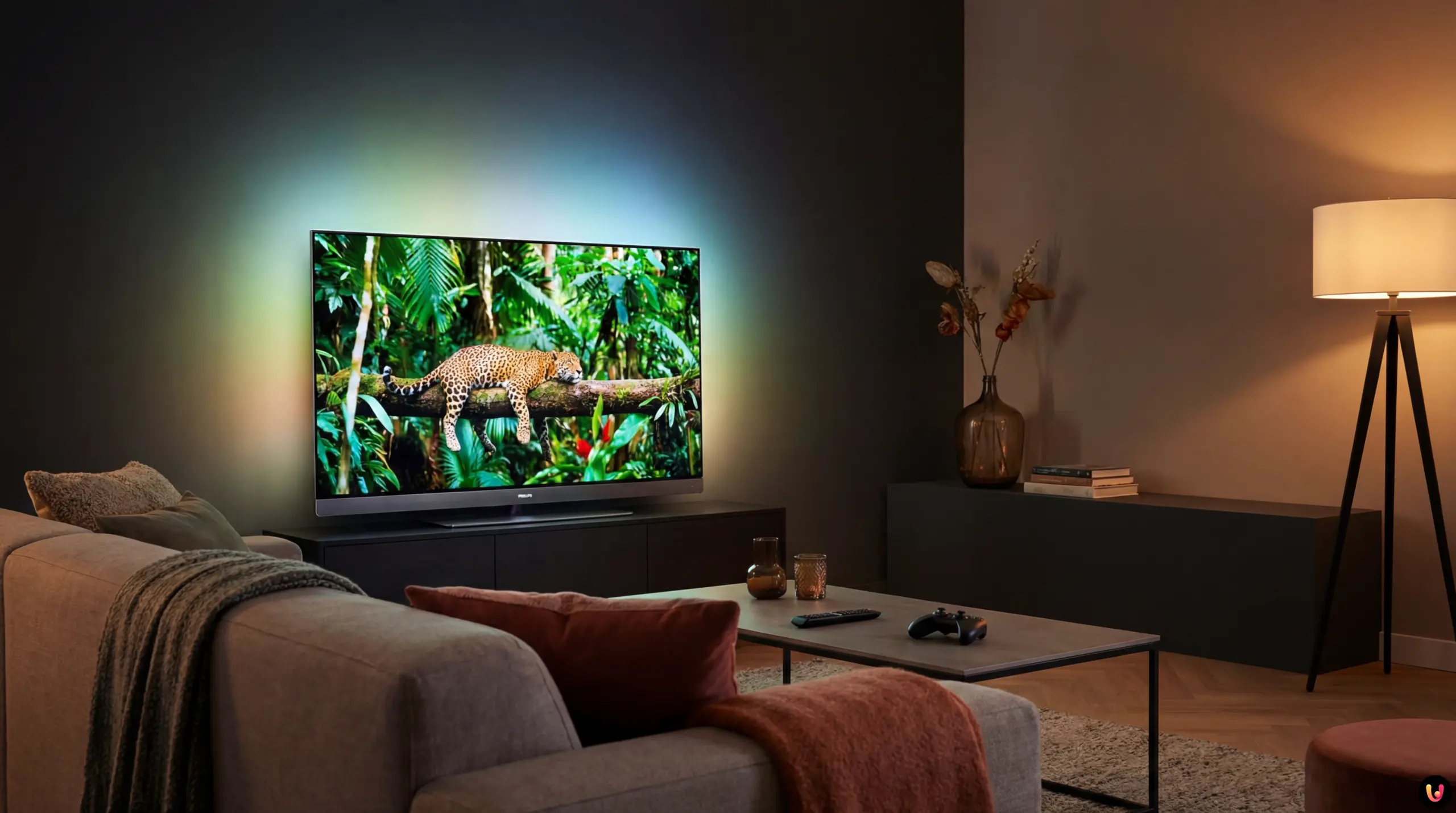 T&eacute;l&eacute;viseur Philips 65OLED950 affichant une image color&eacute;e avec halo Ambilight sur le mur