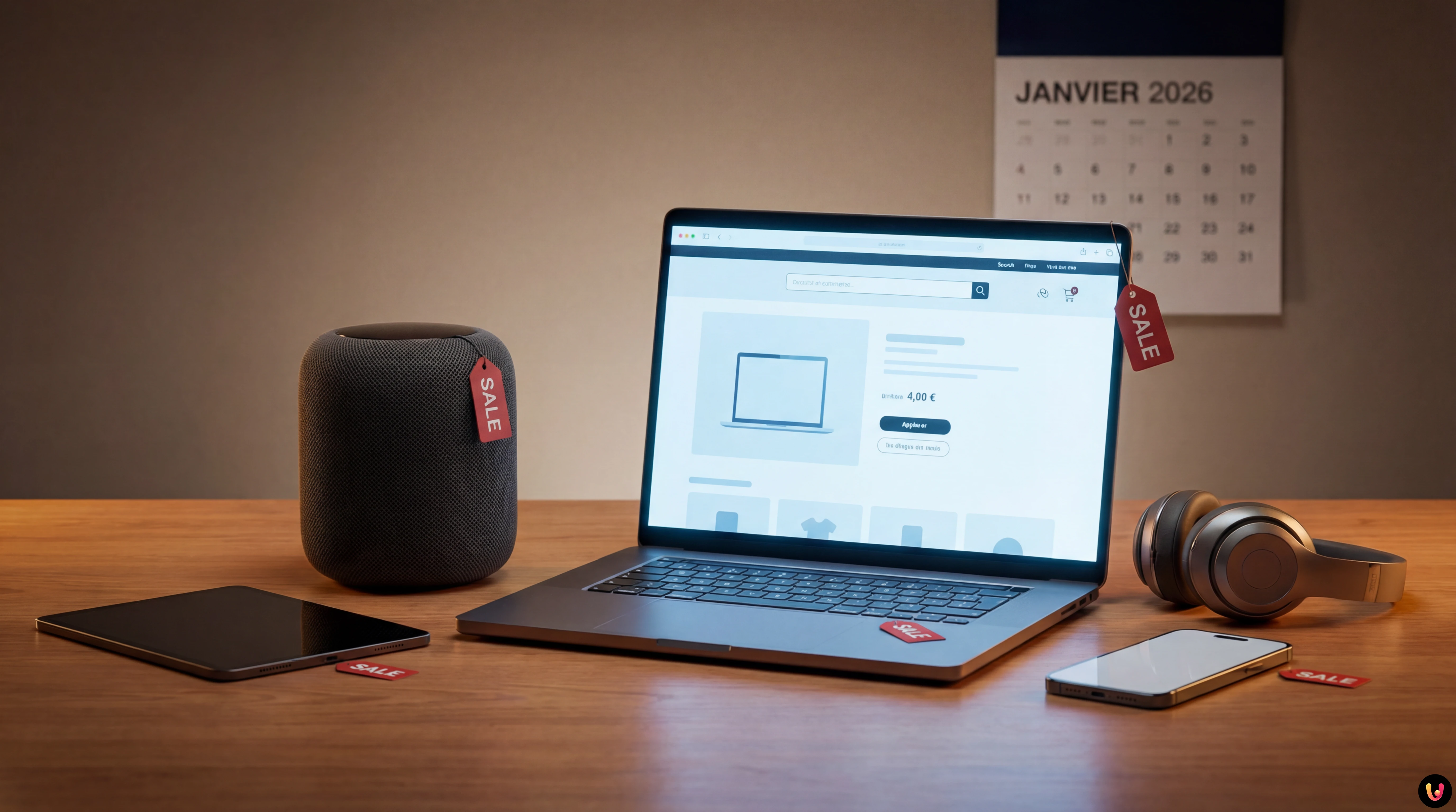 Logos Amazon et Boulanger entour&eacute;s de produits high-tech en promotion