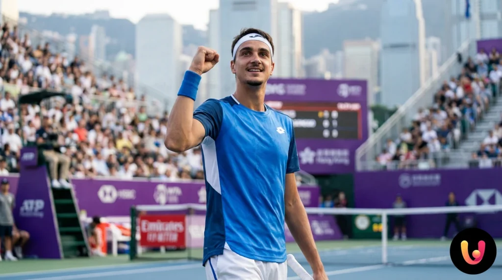 Lorenzo Sonego esulta con il pugno chiuso dopo la vittoria a Hong Kong