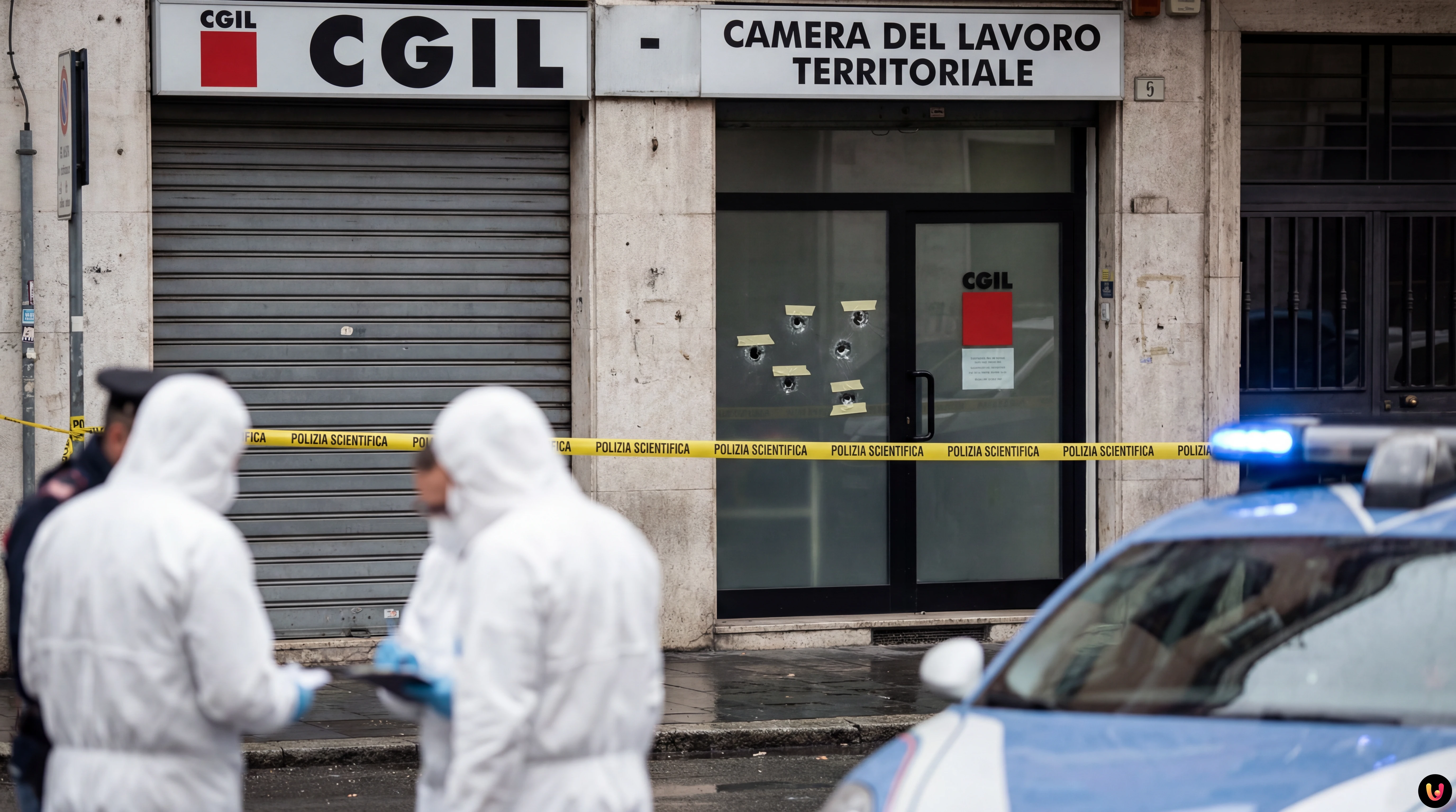 Serranda della sede Cgil di Primavalle con fori di proiettile e nastro della polizia