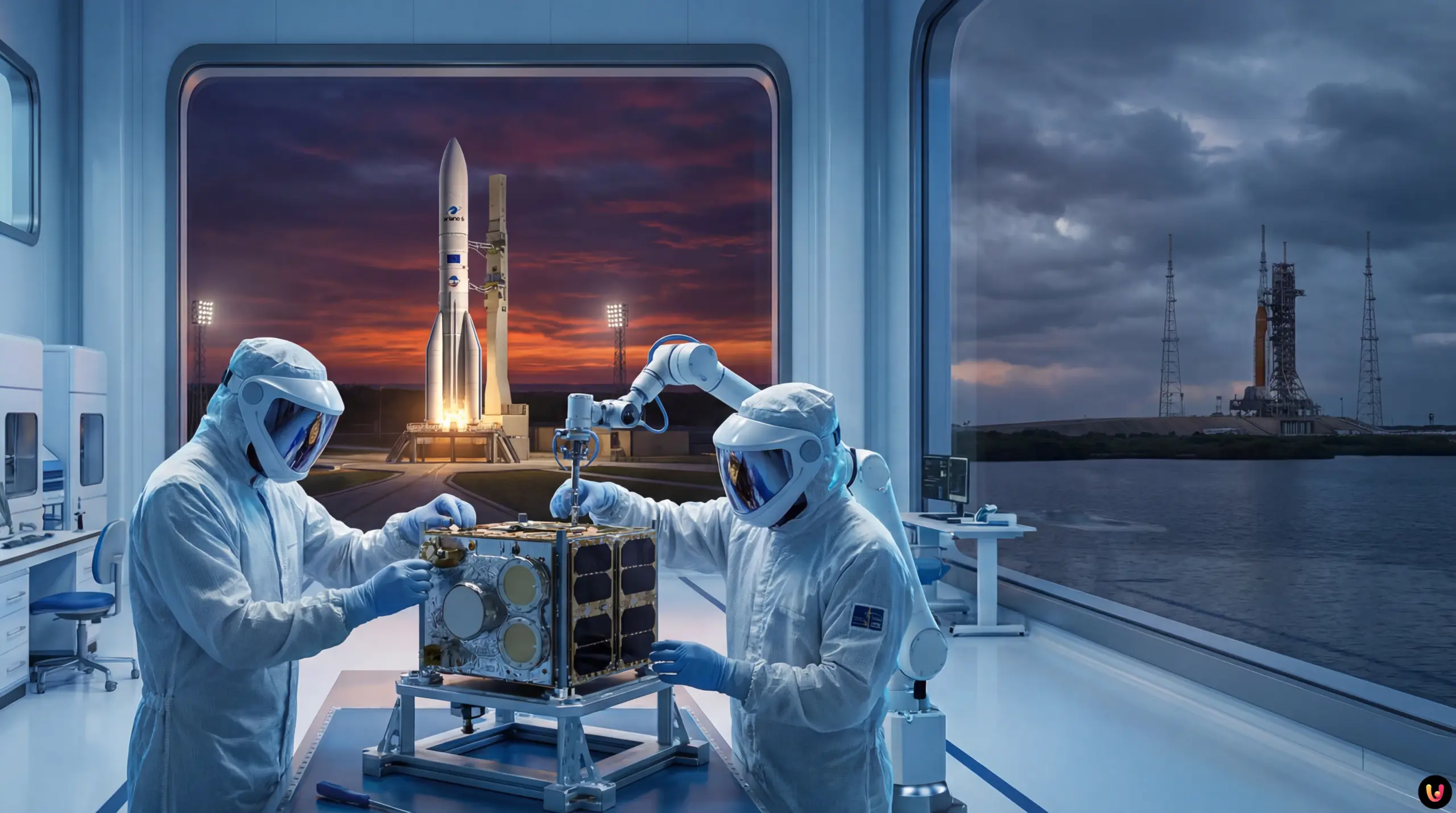ESA vs NASA: Il sorpasso spaziale dell'Europa nel 2026 Razzi spaziali ESA e NASA a confronto con bandiere Europa e Stati Uniti sullo sfondo.