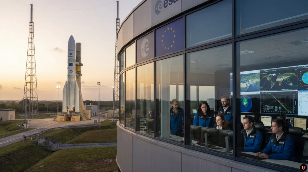 Grafica concettuale della sfida spaziale tra Europa ESA e Stati Uniti