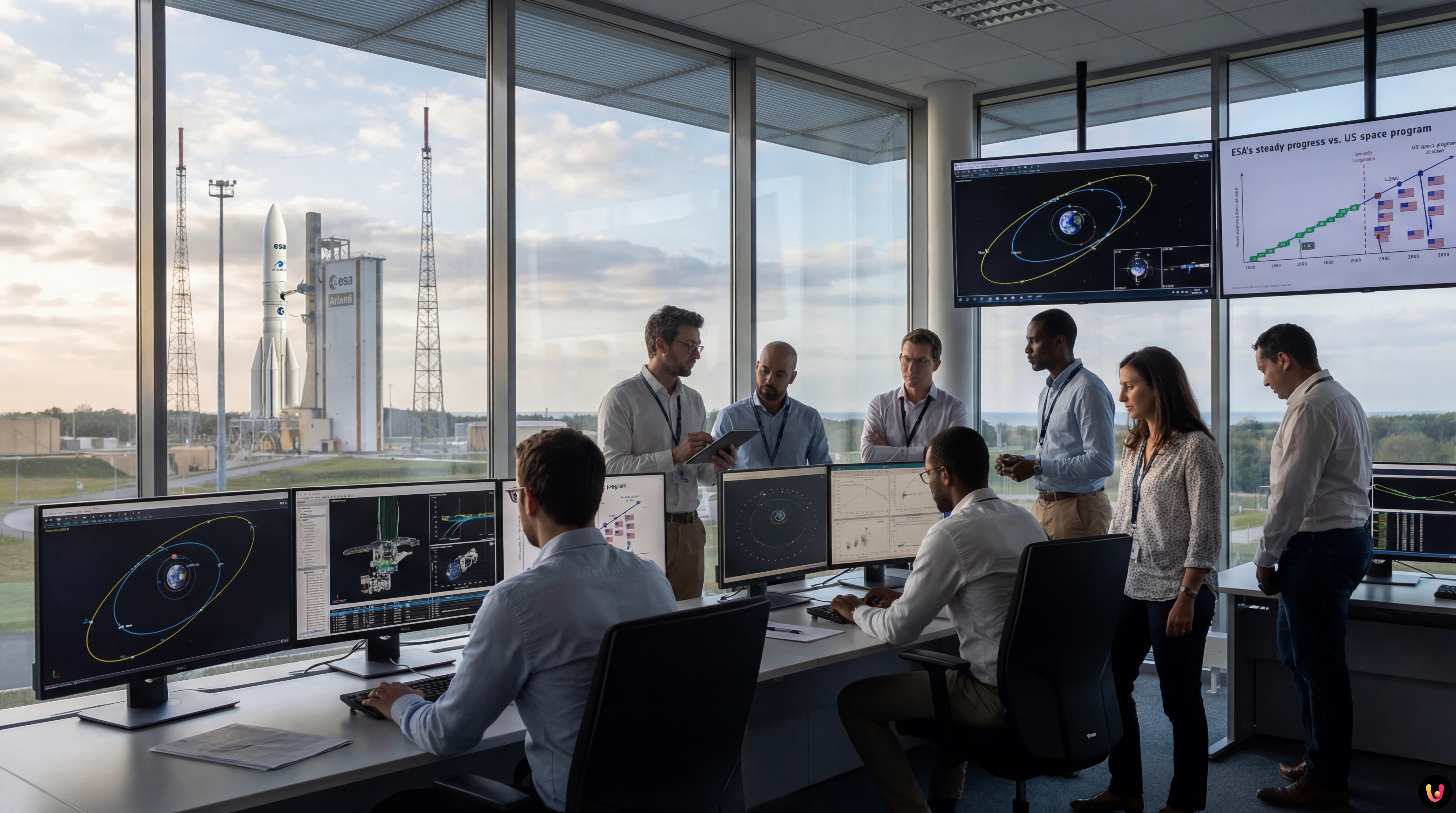 Simbolo ESA in ascesa rispetto alla bandiera USA su sfondo spaziale