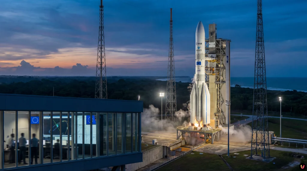 Confronto simbolico tra i programmi spaziali di Europa e USA su sfondo stellato