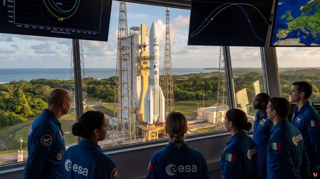 Confronto simbolico tra bandiera Europa e USA sullo sfondo dello spazio e della Luna