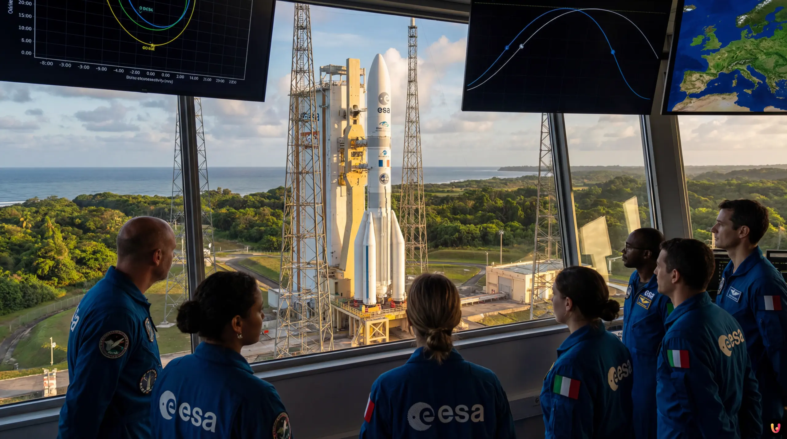 Confronto simbolico tra bandiera Europa e USA sullo sfondo dello spazio e della Luna