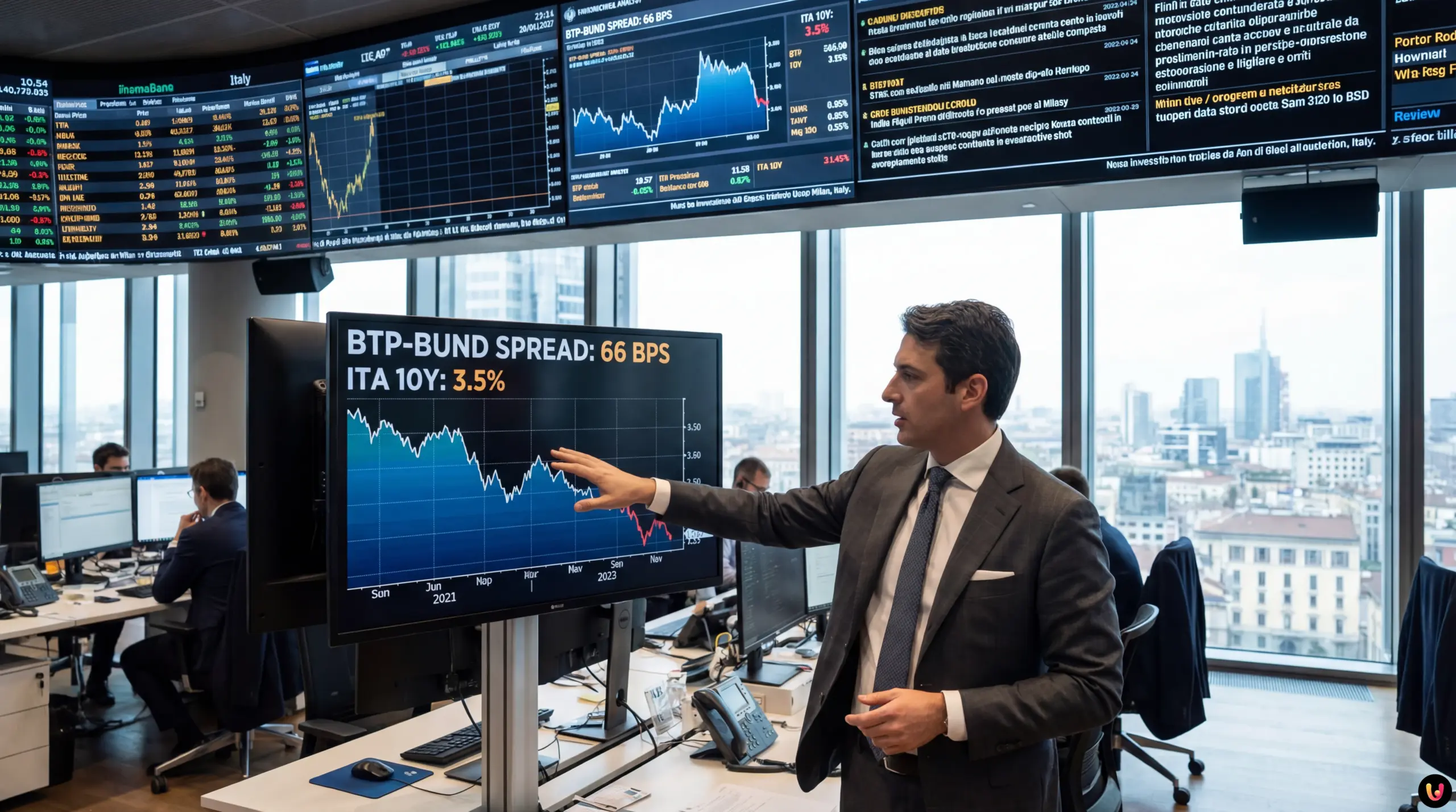 Grafico finanziario che mostra il crollo dello spread Btp-Bund ai minimi del 2008