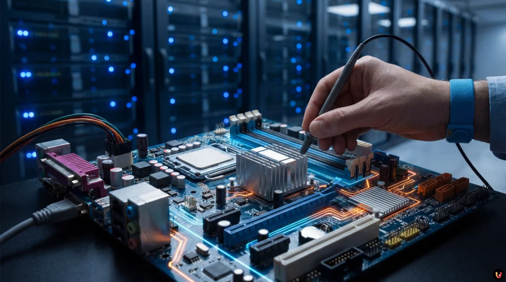 Circuiti elettronici sovrapposti a un diagramma di architettura microservizi e dati