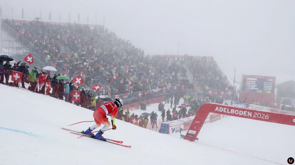 Marco Odermatt in azione sul ripido muro finale del Gigante di Adelboden 2026