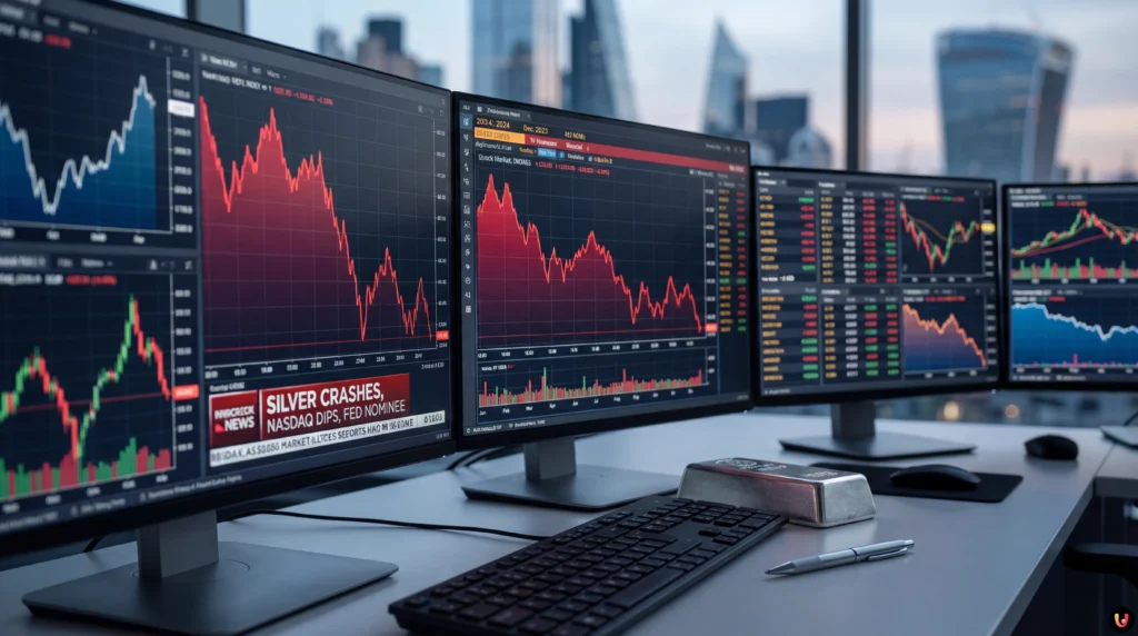 Stock Market News: Silver Crashes, Nasdaq Dips as Trump Taps Warsh for Fed Kevin Warsh portrait with stock market charts showing silver crash