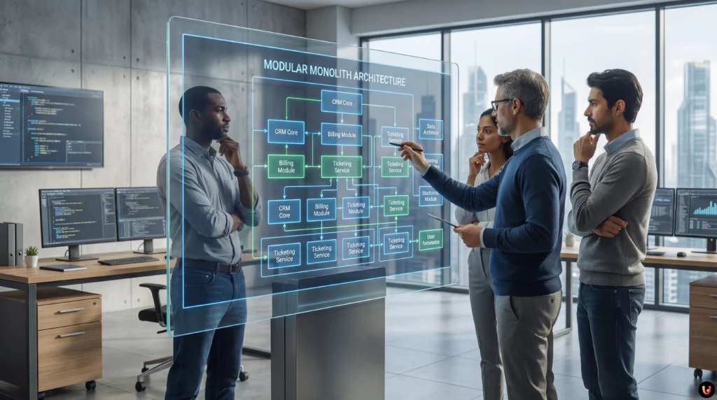 Software architecture diagram: comparison between microservices and modular monolith