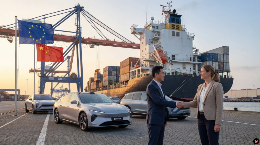 Auto elettriche moderne schierate con bandiere Unione Europea e Cina sullo sfondo