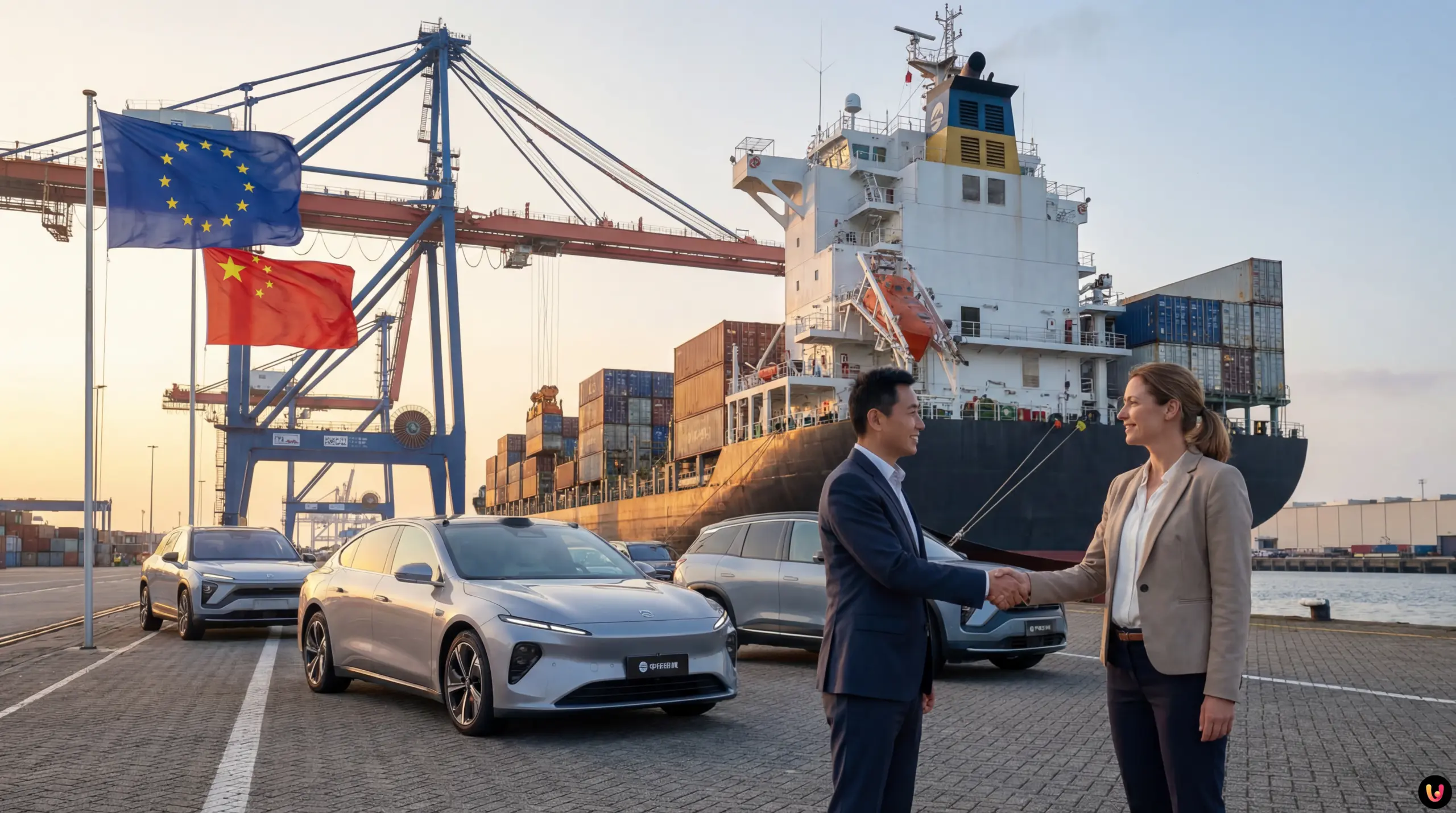 Accordo UE-Cina Auto Elettriche: Prezzi Minimi Auto elettriche moderne schierate con bandiere Unione Europea e Cina sullo sfondo