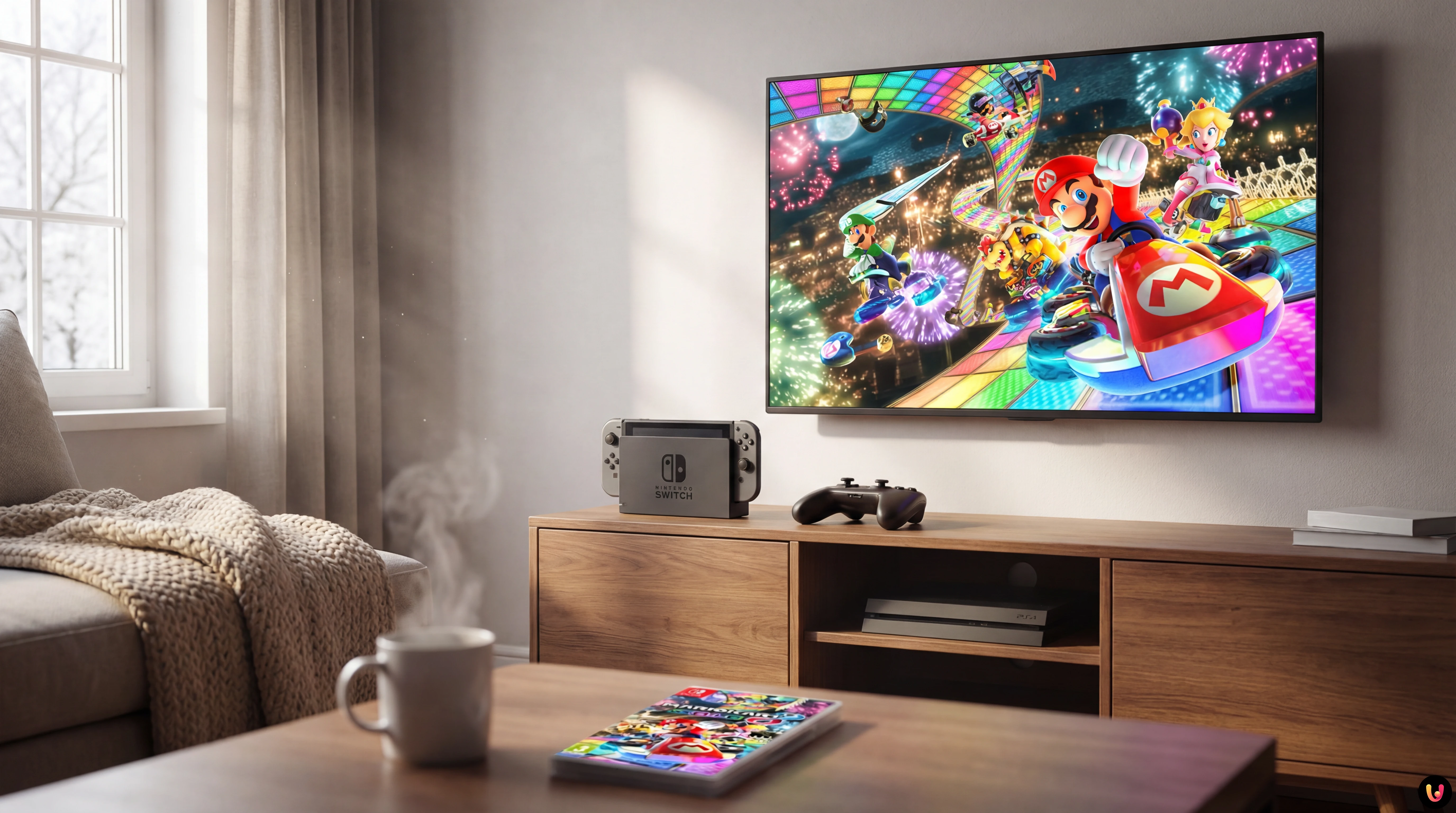 Nouvelle console Nintendo Switch 2 affich&eacute;e &agrave; c&ocirc;t&eacute; du jeu Mario Kart World en promotion