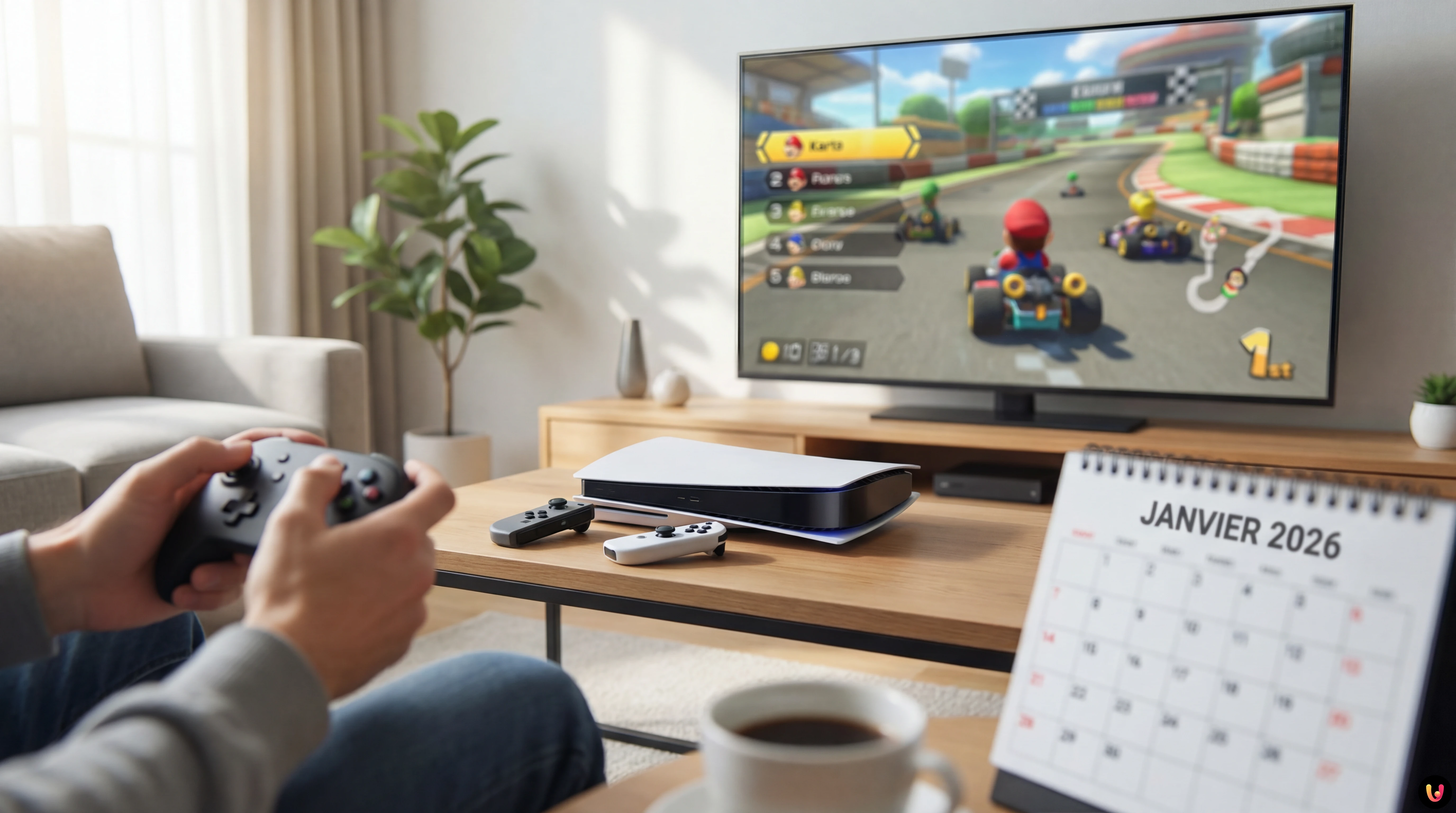 Console Nintendo Switch 2 mise en avant avec le jeu Mario Kart dans une ambiance de f&ecirc;tes