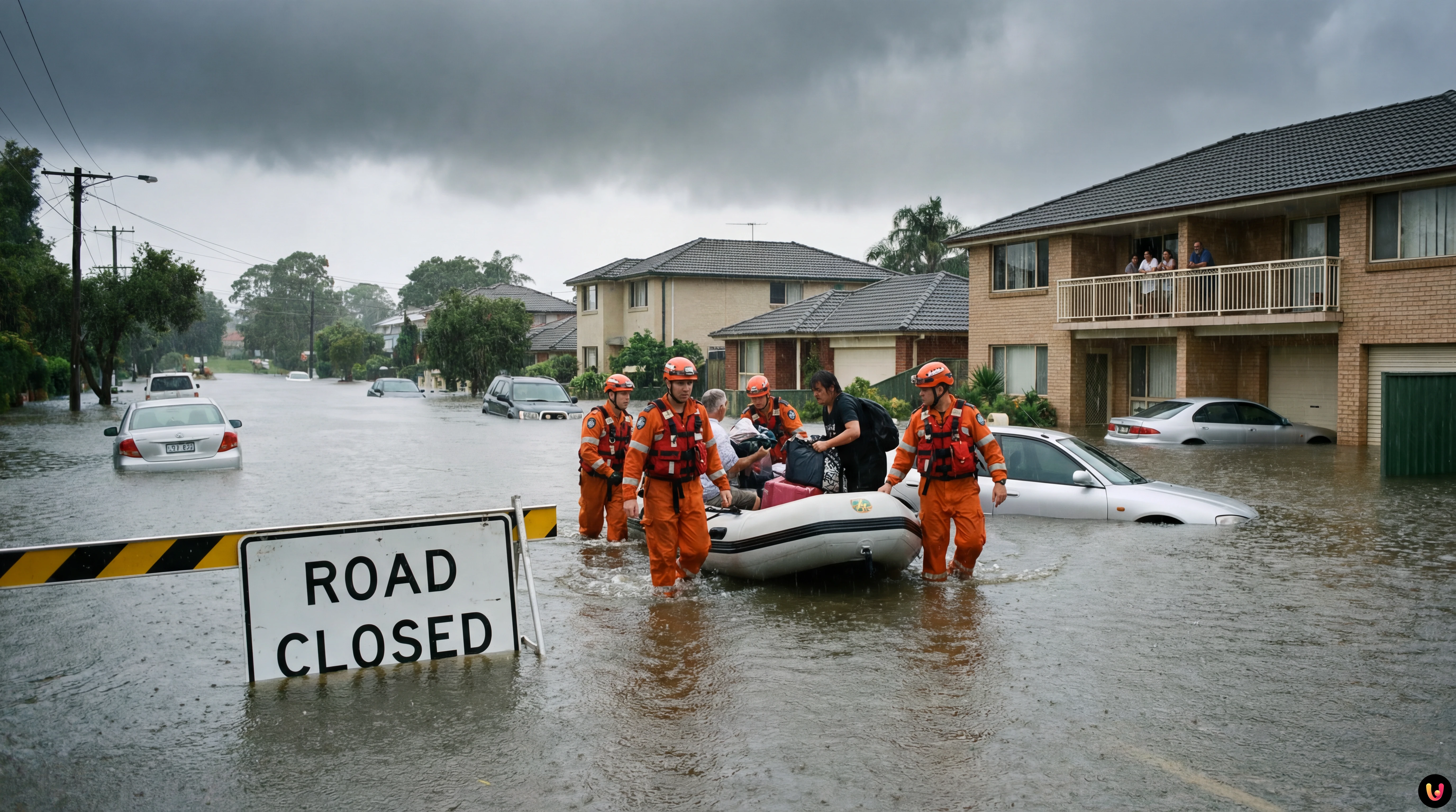 Floodwaters submerge a residential street in Sydney during severe storms and heavy rain