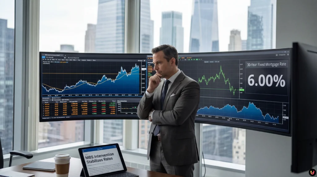 Graphique des taux immobiliers am&eacute;ricains &agrave; 6 % en janvier 2026 avec maison en arri&egrave;re-plan