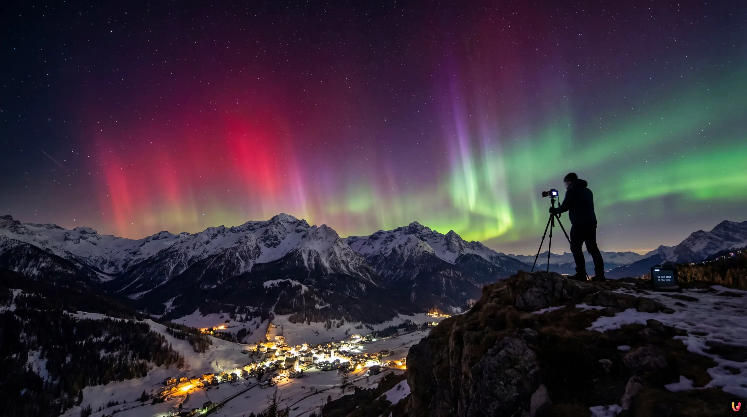 Cielo notturno italiano illuminato da aurora boreale rossa e verde sopra le montagne