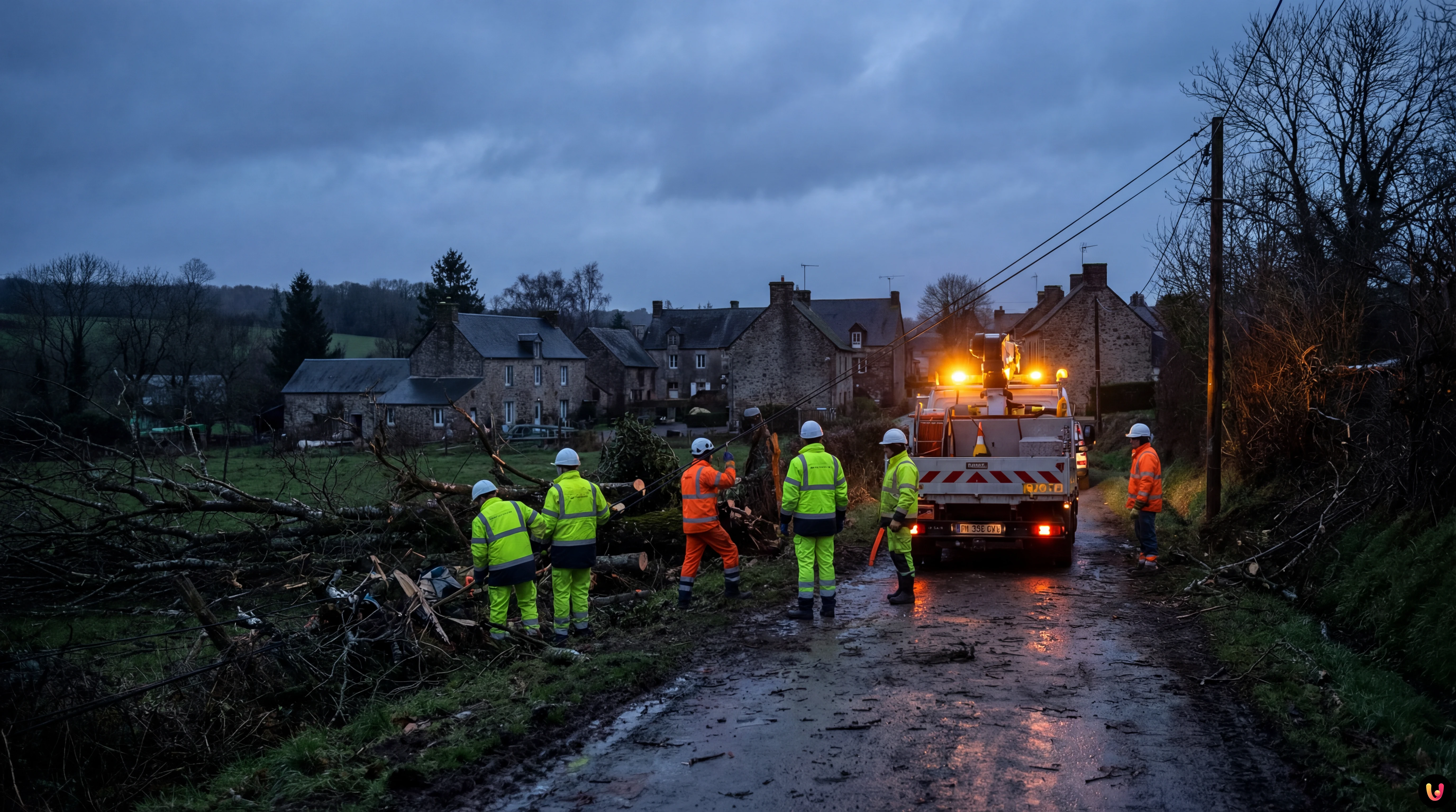 Lignes &eacute;lectriques endommag&eacute;es par la temp&ecirc;te Goretti en Normandie