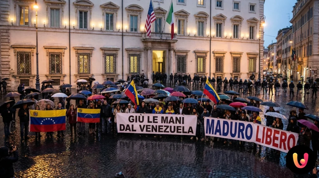 Tensione Venezuela: proteste a Roma e Firenze dopo l’arresto di Maduro Manifestanti con bandiere del Venezuela protestano vicino all'Ambasciata USA a Roma