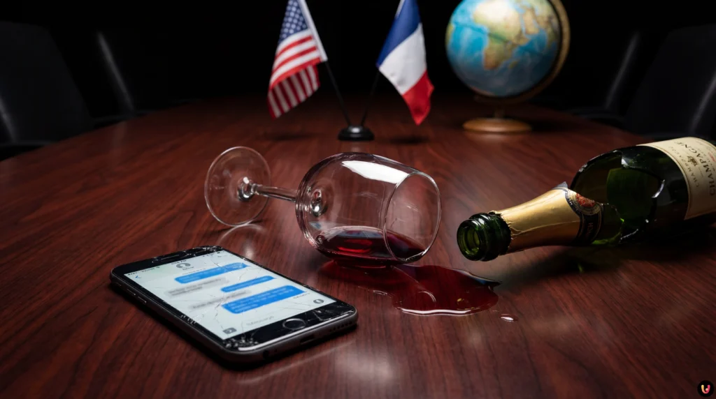 Donald Trump et Emmanuel Macron visages ferm&eacute;s sur fond de drapeaux am&eacute;ricain et fran&ccedil;ais