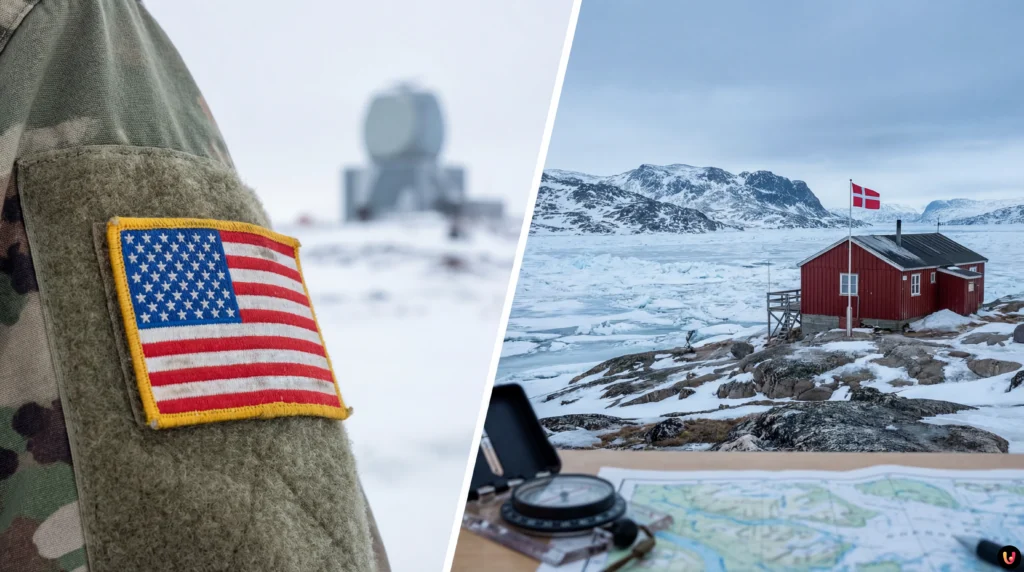 Tensions USA-Groenland : Trump menace, Nuuk refuse de se vendre Drapeaux américain et groenlandais illustrant les tensions géopolitiques en Arctique