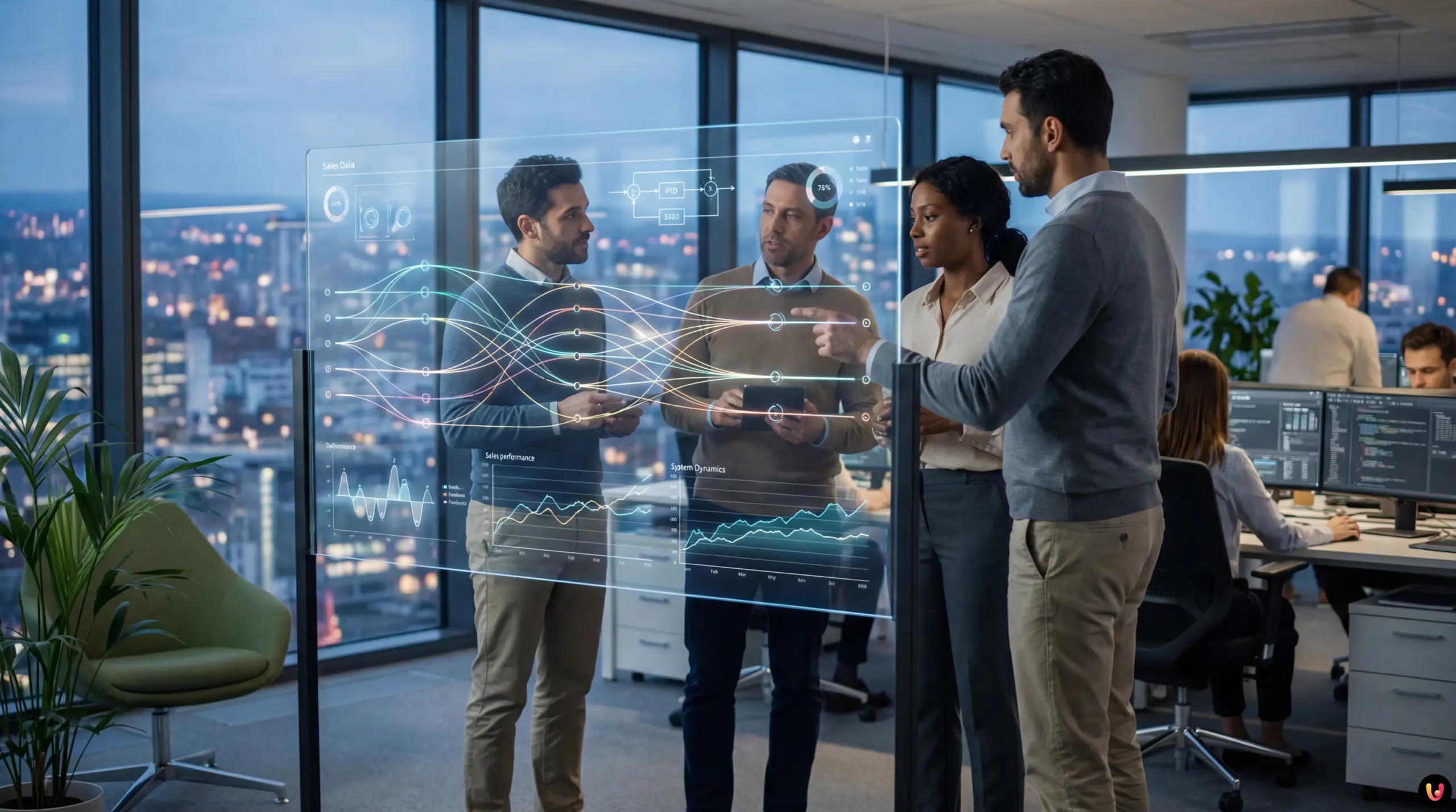 Diagrama de fluxo de vendas integrado com circuito eletr&oacute;nico e feedback loop PID.