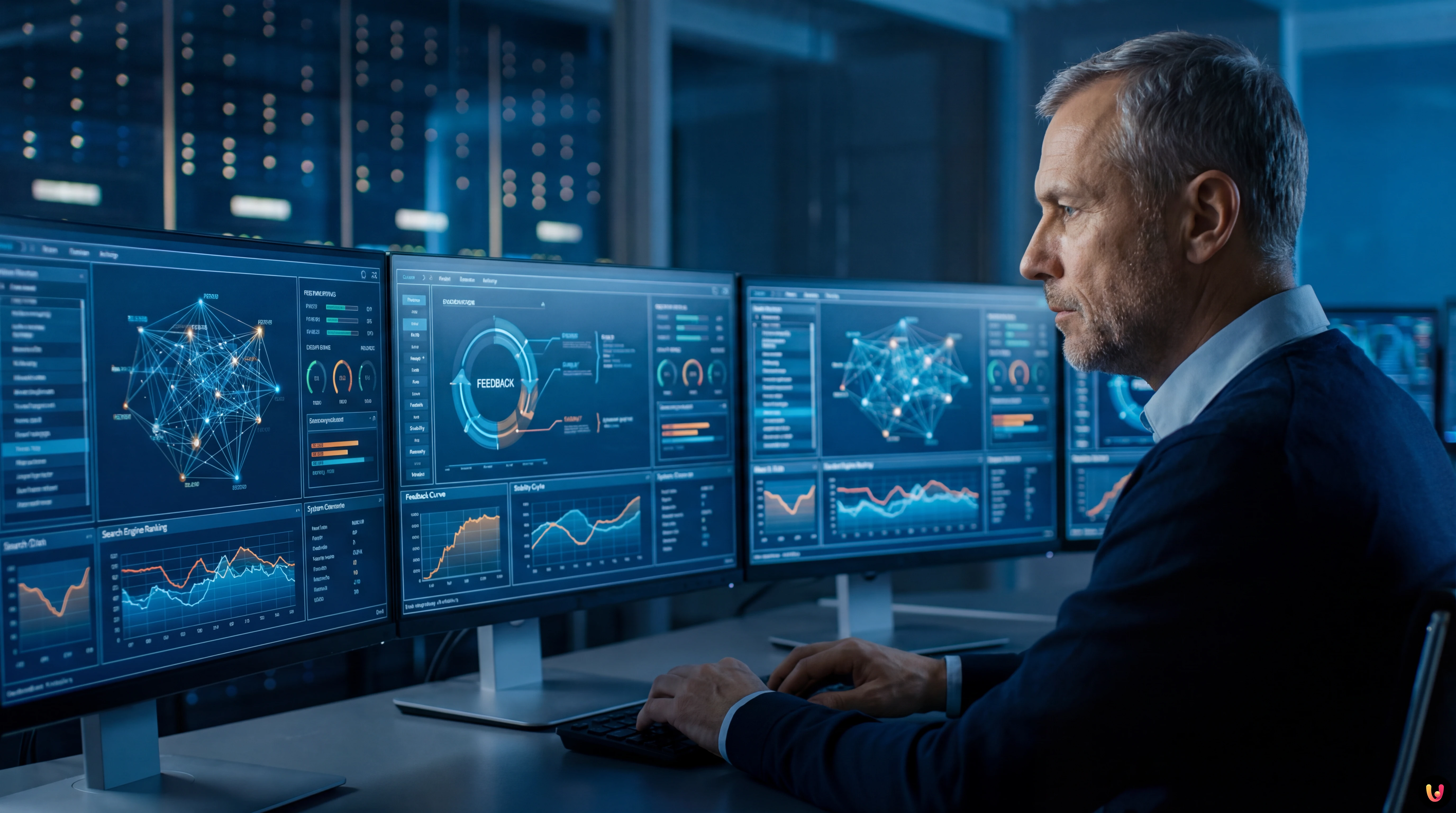 Grafic abstract care conectează algoritmii SEO și principiile controlului automat și stabilității