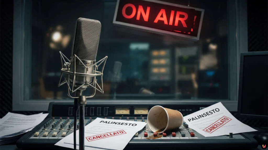 Primo piano di Rosario Fiorello in studio radiofonico durante La Pennicanza