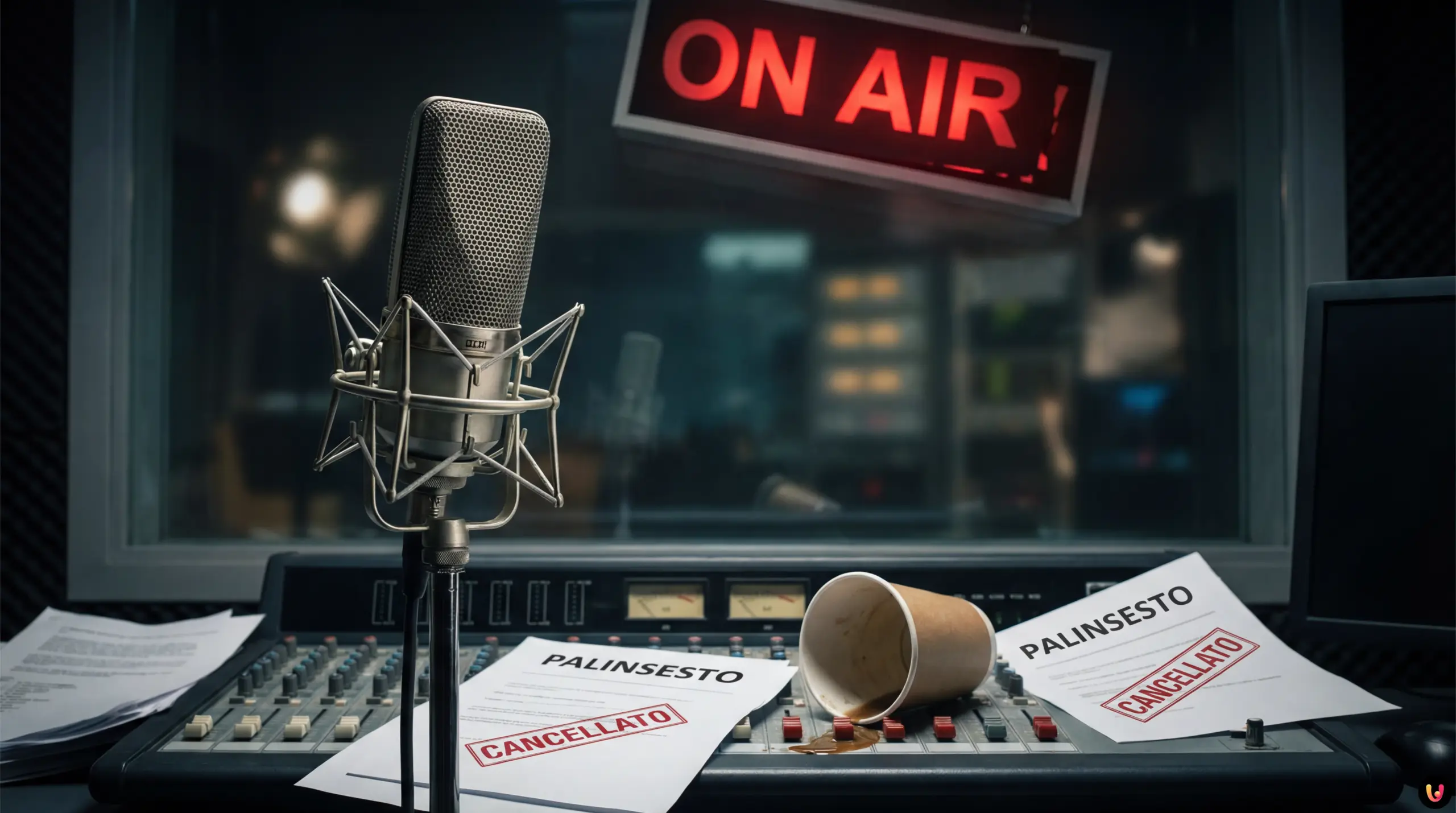 Primo piano di Rosario Fiorello in studio radiofonico durante La Pennicanza