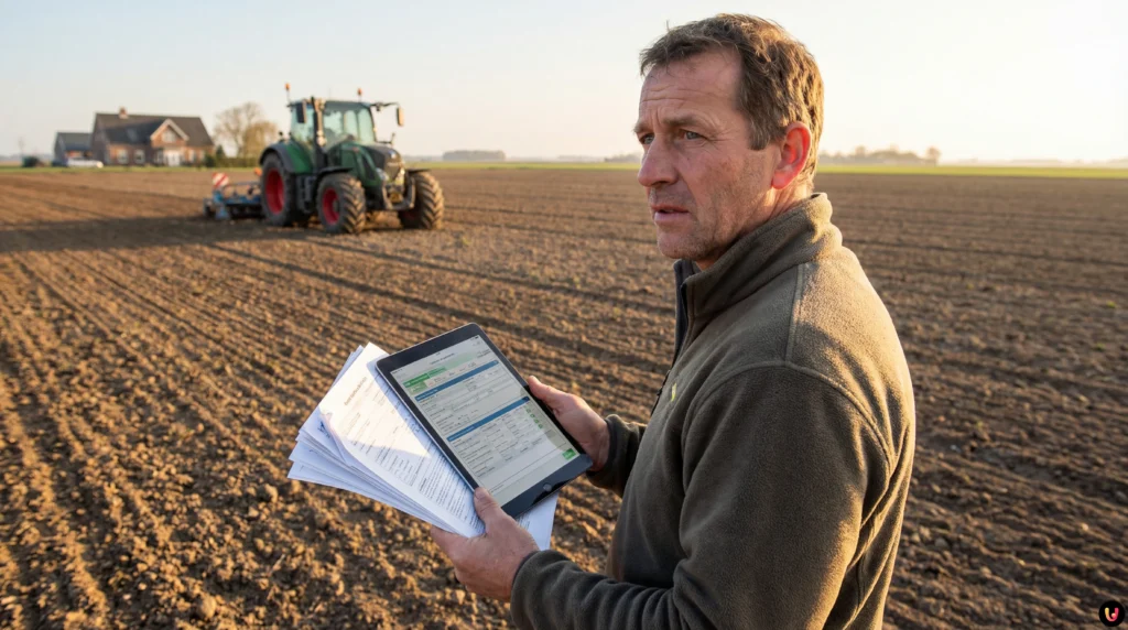 Agricoltore compila documenti ISEE 2026 con sfondo di campi coltivati