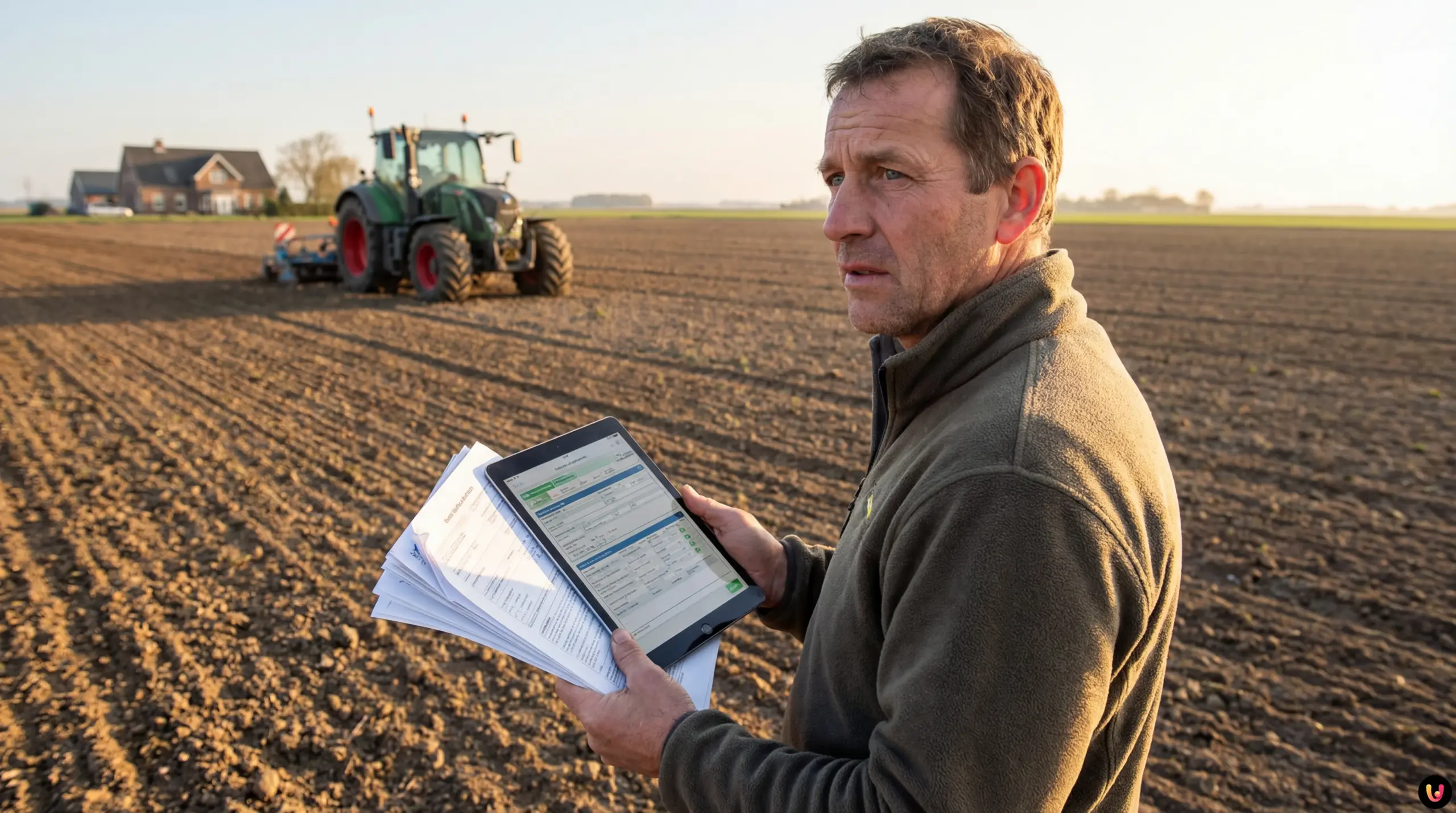 Agricoltore compila documenti ISEE 2026 con sfondo di campi coltivati