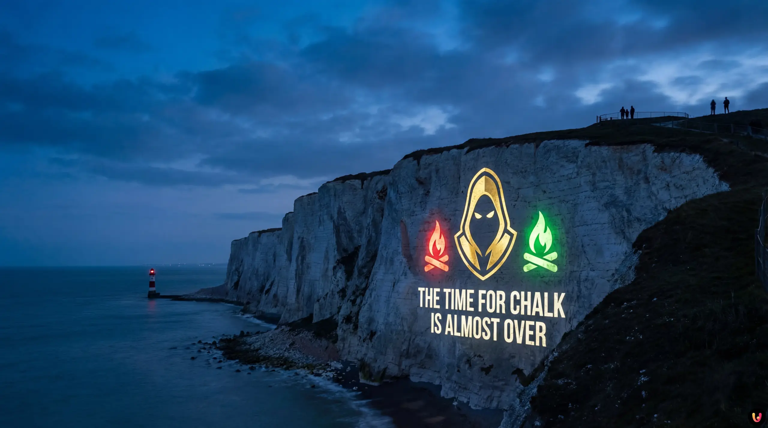 White Cliffs of Dover illuminated with The Traitors logo and slogan