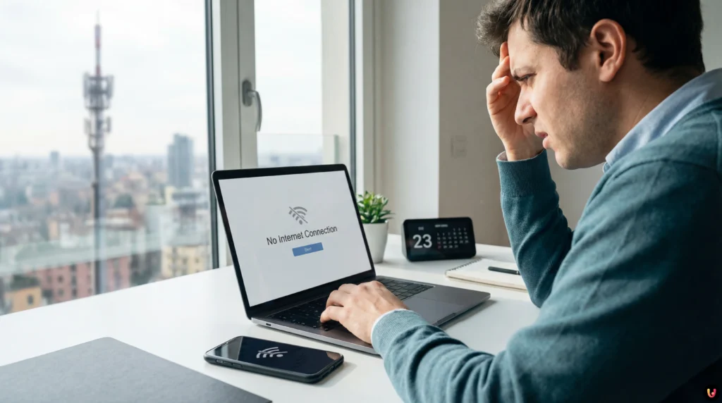 Grafica illustrativa del disservizio TIM con logo operatore e icona di errore connessione