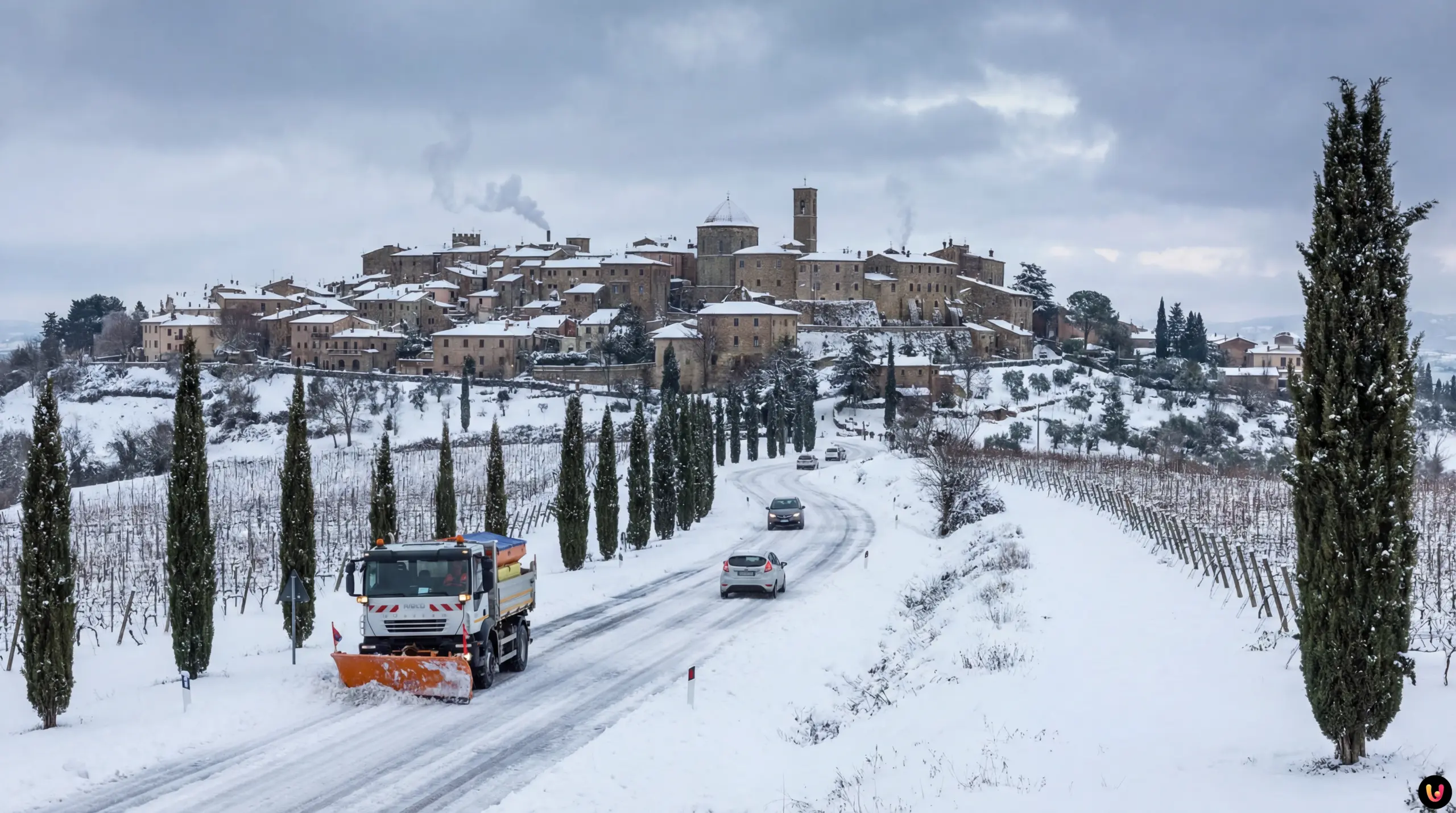 Neve in Toscana: caos viabilità e allerta ghiaccio Strada toscana innevata con automobili in coda e paesaggio collinare imbiancato