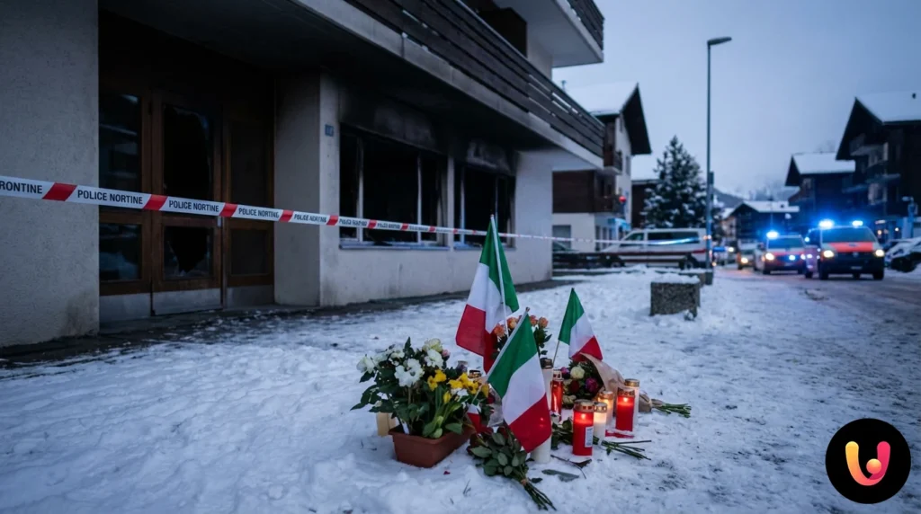 Esterno del bar Le Constellation a Crans-Montana presidiato dai soccorsi dopo il rogo