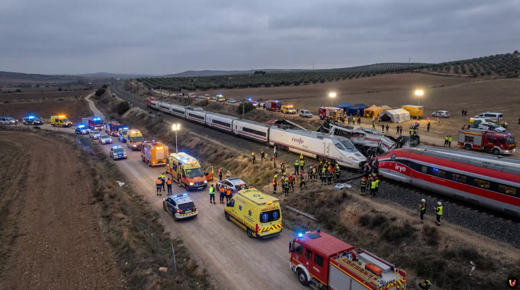 Soccorritori tra i resti dei treni deragliati nell'incidente ferroviario di Adamuz