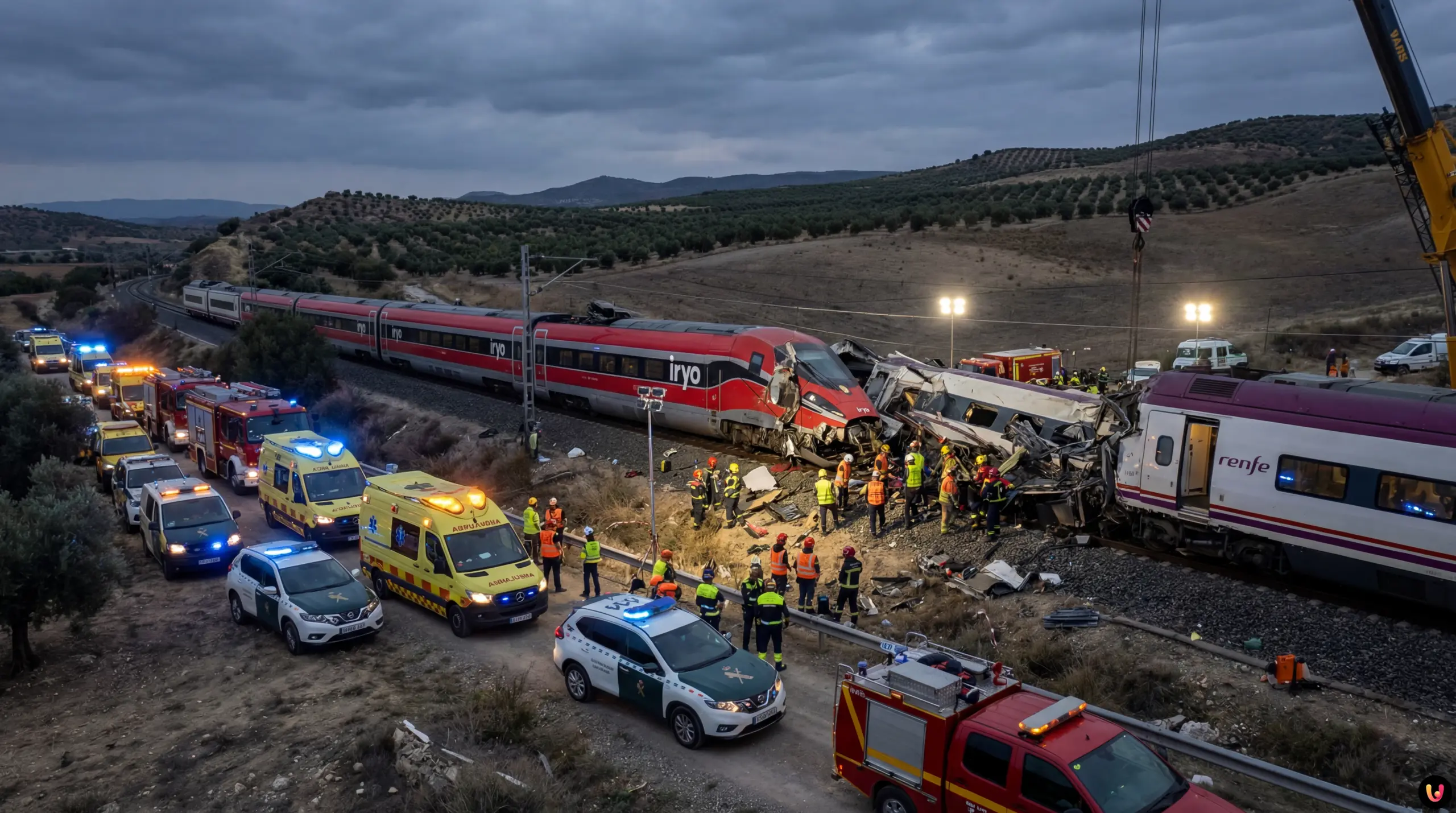 Wreckage of Iryo and Renfe trains after collision in Southern Spain