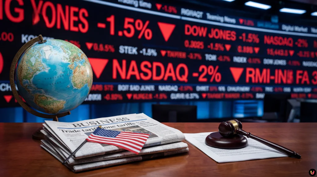 Donald Trump et graphiques boursiers en baisse liés à la crise du Groenland.