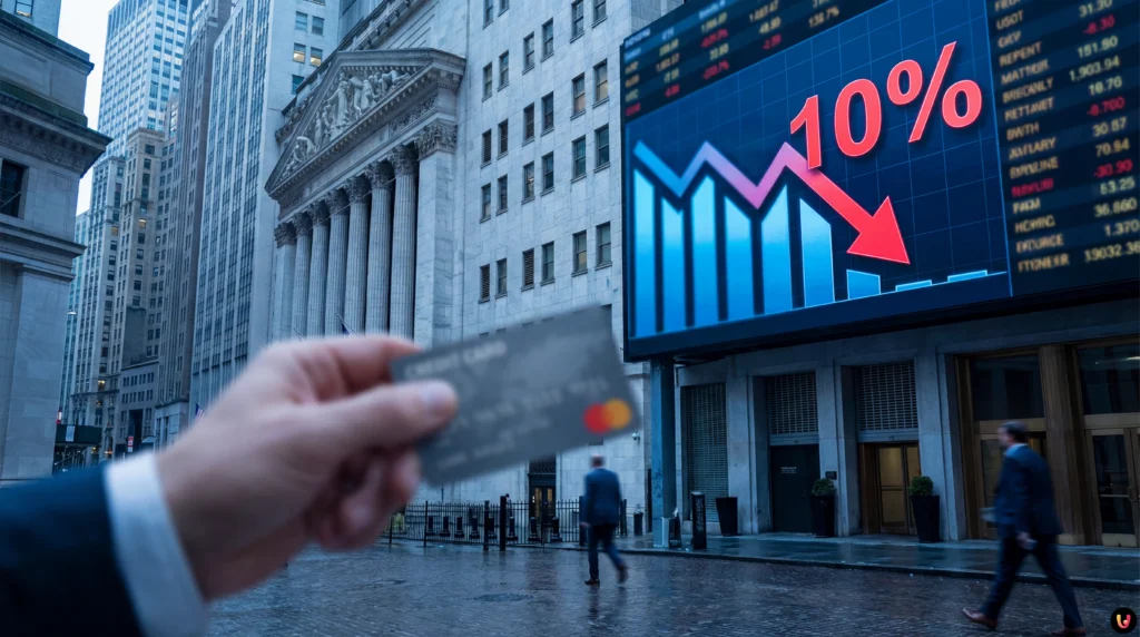 Donald Trump devant des graphiques boursiers et des cartes de cr&eacute;dit