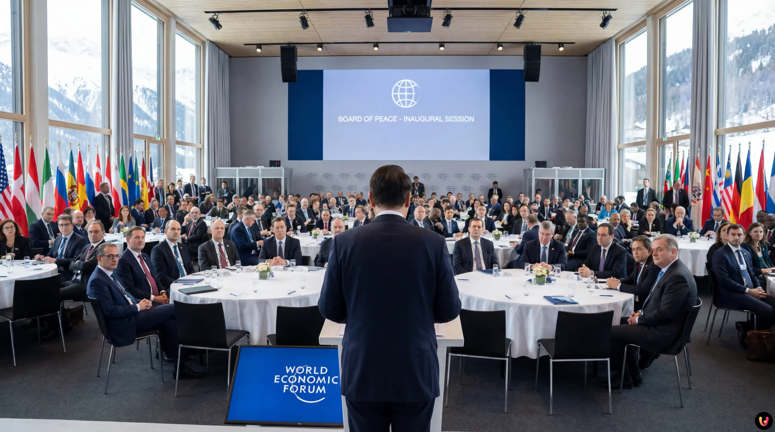 Trump Unveils Board of Peace at Davos Summit Donald Trump speaking at a podium during the World Economic Forum in Davos