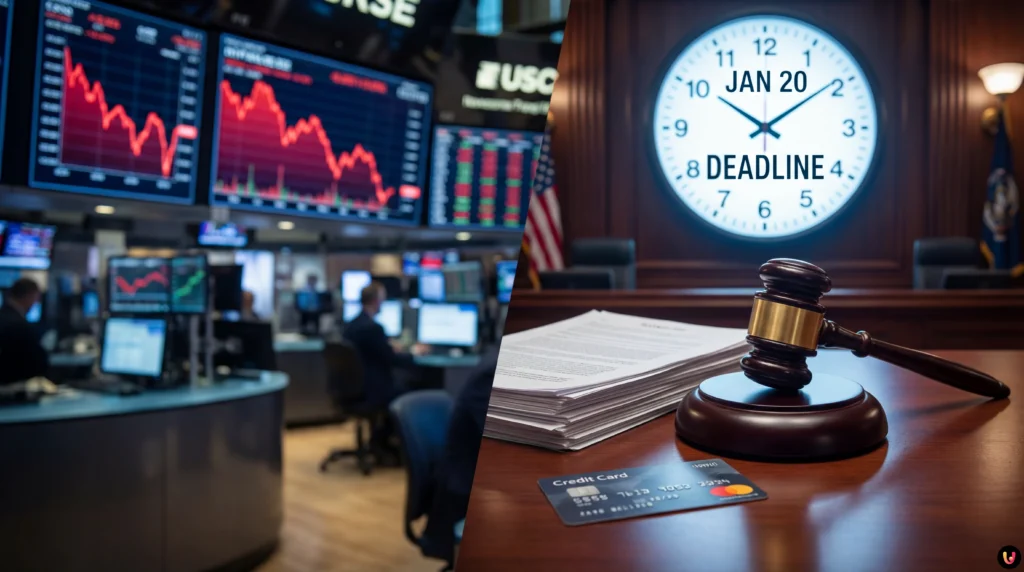 Illustration of Trump and credit cards symbolizing the 10% interest rate cap standoff